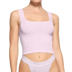 Women's square neck ribbed crop top detail view, soft knit summer sleeveless basic tank shirt.