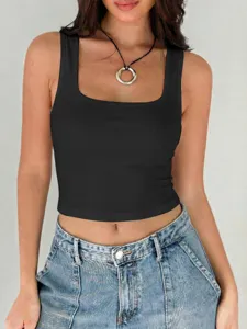 Women Black Ribbed Square Neck Crop Tank Top Summer Casual Basic Sleeveless Sexy Camisole