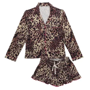 Dames leopard print pyjama set lange mouw top en korte broek schattige nachtkleding outfit