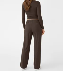 Back view of brown long sleeve crop top and matching lounge pants set, ideal for cozy daily wear.