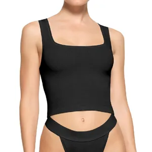 Black ribbed square neck crop top for women, casual sleeveless summer slim fit tank top.
