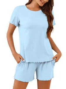 Light blue ribbed short sleeve pajama set detail, cozy summer women lounge wear top and shorts.