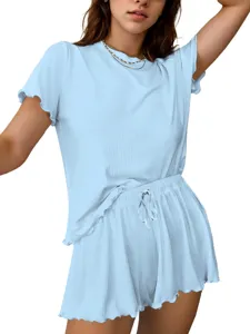 Women ribbed knit short sleeve top and drawstring shorts loungewear pajama set summer casual