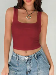 Red ribbed square neck crop top for women, stylish slim summer tank top for casual wear.