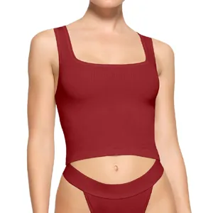 Red ribbed square neck crop tank top for women, perfect stylish summer daily wear apparel detail.