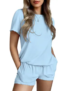 Womens ribbed knit pajama set short sleeve top and drawstring shorts loungewear summer.