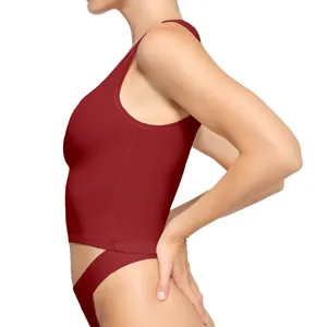 Detailed side view of a solid burgundy ribbed crop tank top with slim fit design.