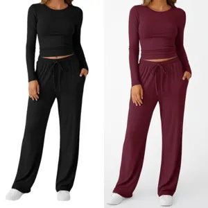 Women casual long sleeve crop top and loose trousers set solid color sportswear autumn