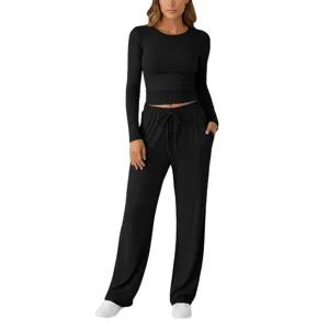 Black long sleeve crop top and wide leg sweatpants lounge set for women main view.