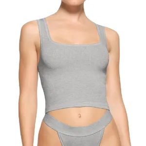 Grey ribbed square neck crop top fabric detail, soft knit texture, summer stylish inner wear.