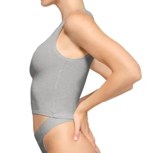 Grey ribbed crop top side detail view, seamless knit texture and fitted sleeveless design style.