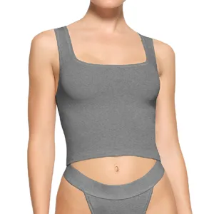 Grey ribbed square neck crop top detail, perfect for summer casual wear and stylish outfits.