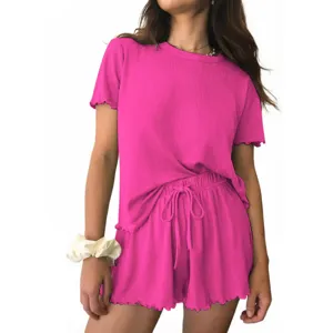 Women ribbed knit short sleeve top and drawstring shorts pajama set summer casual lounge wear