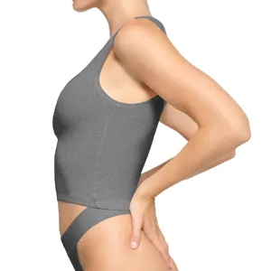 Detail view of a grey ribbed crop top, sleeveless design showcasing the texture and fit.