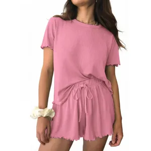 Women ribbed knit lounge set short sleeve top and drawstring shorts summer pink pajamas