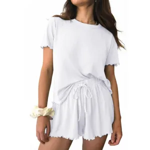 Women ribbed knit short sleeve top and drawstring shorts lounge set summer casual pyjamas