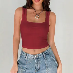Women summer casual square neck ribbed crop tank top basic solid color sleeveless vest top