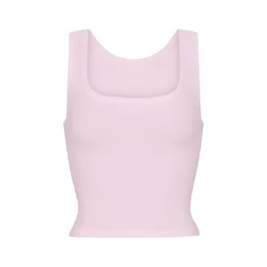 Women's pink ribbed square neck crop tank top, stylish casual summer sleeveless vest.