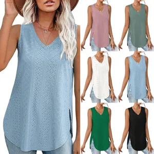 Women V-Neck Sleeveless Hollow Out Jacquard Tank Top Casual Summer Loose Vest Tops