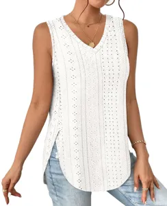 Detailed view of the white eyelet V-neck sleeveless tank top featuring design details.