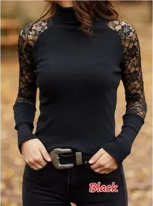 Top nero da donna a collo alto con maniche lunghe in pizzo elegante per la stagione autunnale.