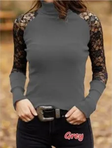 Donna elegante collo alto pizzo manica lunga grigio top casual slim basic maglia