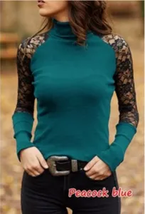 Top collo alto pizzo manica lunga donna slim fit abbigliamento casual dettaglio