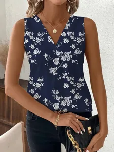 Stijlvolle mouwloze dames top met bloemenprint en V-hals voor zomerse casual dagelijkse outfit.