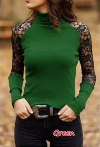 Top a collo alto con maniche lunghe in pizzo, vestibilità slim per look casual dettaglio.