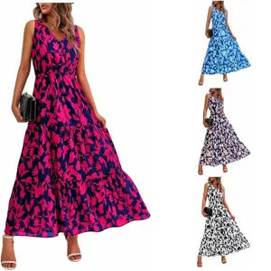 Mujer Casual Cuello en V Sin Mangas Floral Estampado Vestido Largo Cintura Alta Elástica Vestido Maxi Verano Vacaciones Playa