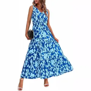 Mujer verano azul floral cuello v sin mangas vestido maxi casual cintura elástica playa