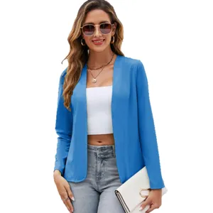 Donna blazer cardigan slim a maniche lunghe monocolore senza collo per stile elegante