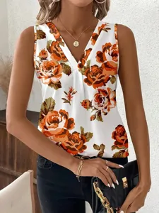 Gedetailleerd overzicht dames bloemenprint V-hals mouwloze top, casual zomermode.