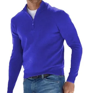 Men's royal blue quarter-zip long sleeve casual sweater polo shirt for autumn.