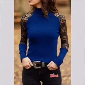 Donna top collo alto manica lunga blu con pizzo nero elegante camicetta slim fit