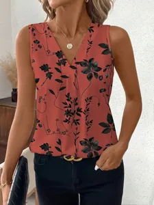 Detailweergave van de bloemen mouwloze V-hals top voor dames, stijlvolle zomerkleding.