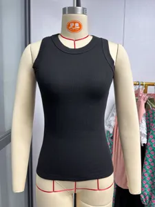 Detailed view of a black ribbed tank top on mannequin, showing slim fit and round neckline.