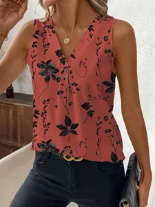 Dames Bloemenprint V-Hals Mouwloos Tanktop Casual Losse Zomer Vest Kleding Detail