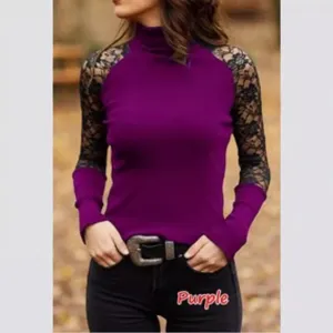 Donna collo alto manica lunga pizzo patchwork slim fit top casual viola tinta unita