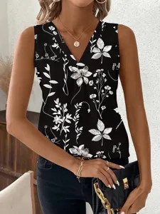 Dames V-hals mouwloos bloemenprint zwart casual pullover top voor zomerse mode.