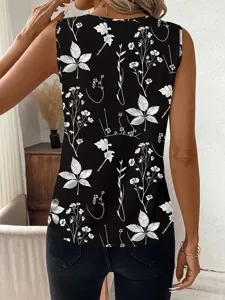 Casual mouwloze top met V-hals en witte botanische print voor dames, comfortabele pasvorm.