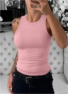 Casual ribbed knit tank top for women, comfortable sleeveless round neck slim top.