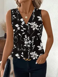 Dames V-Hals Mouwloos Bloemenprint Casual Tanktop Zomer Mode Chique Stijlvol Overhemd