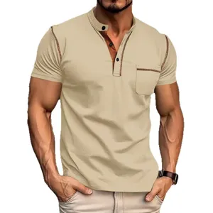 Men's short sleeve Henley shirt summer casual contrast stitching top basic tee for daily wear