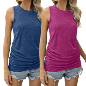 Damen Sommer einfarbig ärmelloses Strick Tanktop mit seitlich gerafftem Freizeitoberteil