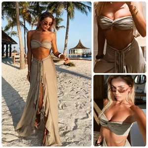 Khakifarbener trägerloser Bandeau-Crop-Top und eleganter hochtaillierter Schlitz-Maxirock