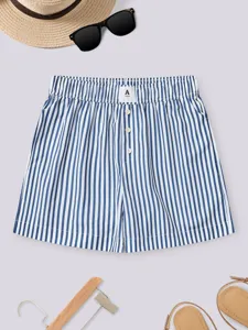 Blue and white striped detail view of casual high waist loose shorts with button fly.