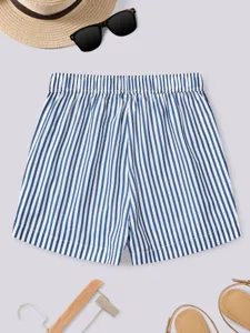 Women's blue and white striped casual shorts, high-waisted loose summer shorts for daily wear.