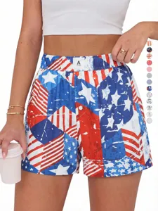 Women casual high waisted loose wide leg shorts with American flag print and front buttons.