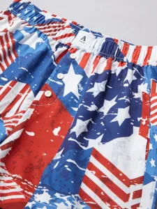 Detailed closeup of women's casual shorts featuring distressed stars and stripes print.